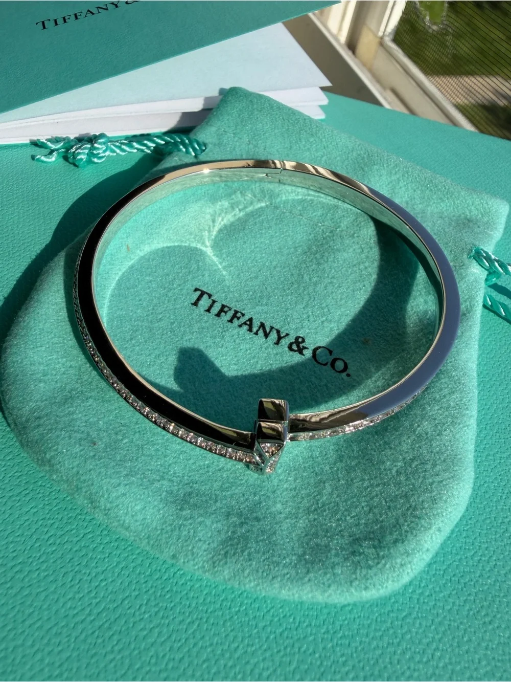 Tiffany & Co. Silver Bow Diamond Accent Bangle - Blue-Green